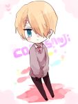  1boy blonde_hair chibi hair_over_one_eye male_focus necktie one_piece sanji school_uniform solo sweater 