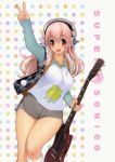  1girl arm_up blush breasts curvy highres large_breasts long_hair looking_at_viewer nitroplus open_mouth pink_hair red_eyes skirt smile standing super_sonico wide_hips 