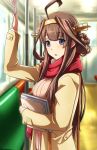  1girl ahoge arm_up blue_eyes book brown_hair brown_jacket casual double_bun eyebrows eyebrows_visible_through_hair ground_vehicle headgear holding holding_book kantai_collection kobamiso_(kobalt) kongou_(kantai_collection) long_hair long_sleeves looking_at_viewer open_mouth pink_sweater pole red_scarf remodel_(kantai_collection) ribbed_sweater scarf seat solo sweater train train_interior 