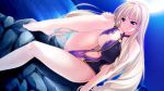  1girl amasaka_takashi barefoot blonde_hair blue_eyes blush breast_press breasts cleavage feet game_cg huge_breasts legs long_hair moon navel night ocean silveria_leodiehl sitting sky smile solo swimsuit thighs toes unionism_quartet water 