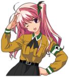  1girl alternate_costume ns2d pink_hair sakihata_rimi salute violet_eyes 