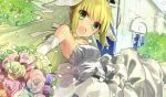  1girl absurdres ahoge blonde_hair blush breasts choker cleavage dress fate/extra fate/extra_ccc fate/stay_night fate_(series) flower gloves green_eyes happy highres saber_extra short_hair wada_aruko wedding wedding_dress 