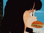  1boy 80s animated animated_gif black_eyes black_hair eating food lowres miyake_shinobu multiple_girls school_uniform source_request swallowing urusei_yatsura 