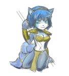  1girl blue_hair furry green_eyes headband krystal navel nintendo short_hair shoulder_pads simple_background sitting smile solo staff star_fox tail tribal 