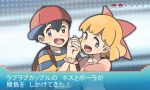  1boy 1girl blush checkered checkered_background couple hand_holding mother_(game) mother_2 ness parody paula_polestar poke_ball pokemon source_request style_parody young_couple_(pokemon) 