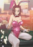  1girl animal_ears bare_shoulders blue_eyes bow bowtie breasts bunny_girl bunnysuit cleavage code_geass coin highres kallen_stadtfeld kyabakurabakufu large_breasts legs looking_at_viewer money pantyhose rabbit_ears redhead short_hair sitting smile thighs wrist_cuffs 