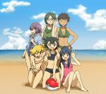  6+girls angry ball beach beachball bikini breasts cleavage closed_eyes clouds collarbone female genderswap glasses happy hikari_(pokemon) hips james_(artist) jun_(pokemon) kouhei_(pokemon) midriff multiple_girls navel nintendo poke_ball pokemon satoshi_(pokemon) shinji_(pokemon) shorts sitting smile swimsuit takeshi_(pokemon) 