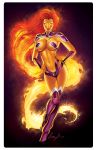  1girl armpits boots breasts bridal_gauntlets cleavage cutout dark_background dc_comics elias_chatzoudis fiery_hair floating glowing glowing_eyes glowing_hair hands_on_hips lipstick long_hair looking_at_viewer makeup midriff nail_polish navel orange_hair orange_skin revealing_clothes solo space starfire teen_titans thigh-highs thigh_boots very_long_hair 