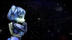  1girl backpack bag belt blue_hair bodysuit fox furry green_eyes jewelry kaphonie krystal miiverse nintendo short_hair signature solo space star star_fox 