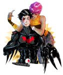  1boy 1girl arm_warmer armor bandage batman batman_(series) batman_beyond belt blue_eyes bracelet dark_skin dc_comics denim gauntlets headwear_removed injury jeans jewelry maxine_gibson one_eye_closed pants pink_hair pixie_cut power_armor sleeveless smile terry_mcginnis transparent_background wince 