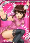  1girl armlet battle_pose black_legwear breasts brown_eyes brown_hair card_game china_dress double_bun open_mouth pink_background pink_dress red_panties sparkle valkyrie_crusade 