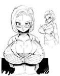  android_18 basara breasts cleavage dragon_ball dragonball_z glasses huge_breasts looking_at_viewer lowres monochrome 