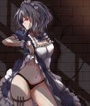  1girl absurdres bite_mark black_panties blood cowboy_shot dress dress_lift highres izayoi_sakuya kisa_(k_isa) knife maid maid_headdress navel panties red_eyes shadow short_hair silver_hair solo thigh_strap touhou underwear wrist_cuffs 