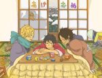 brothers family freckles jolly_roger kotatsu monkey_d_garp monkey_d_luffy multiple_boys one_piece portgas_d_ace sabo_(one_piece) siblings sitting smile table trio whitebeard_pirates 