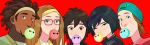  2girls 3boys baymax big_hero_6 black_hair blue_eyes brown_eyes brown_hair bubblegum dark_skin disney fred_(big_hero_6) glasses gogo_tomago green_eyes hairband hiro_hamada honey_lemon looking_at_viewer marvel multiple_boys multiple_girls red_background simple_background wasabi-no-ginger 