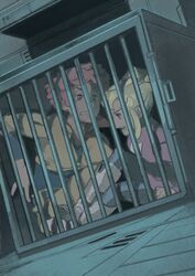  1boy 1girl blonde_hair blue_eyes boots brown_eyes cage cosmo_yuki cramped densetsu_kyojin_ideon kasha_imhof redhead sarmatamra tagme 