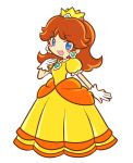  blue_eyes blush_stickers brown_hair crown dress earrings gloves jewelry long_hair open_mouth princess_daisy puyopuyo smile style_parody super_mario_bros. super_mario_land 