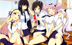  5girls asuka_(senran_kagura) black_hair blonde_hair breasts desk green_eyes hair_ribbon hibari_(senran_kagura) huge_breasts ikaruga_(senran_kagura) katsuragi_(senran_kagura) large_breasts multiple_girls necktie official_art pink_eyes pink_hair ribbon school_uniform senran_kagura senran_kagura_(series) shirt wallpaper white_hair window yaegashi_nan yagyuu_(senran_kagura) 