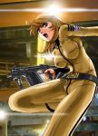  1girl belt blonde_hair blue_eyes bodysuit breasts gun kriss_super_v lens_flare long_hair military military_uniform mori_yuki open_mouth pork_(fordfairlane) running science_fiction solo submachine_gun trigger_discipline uchuu_senkan_yamato uchuu_senkan_yamato_2199 uniform weapon 