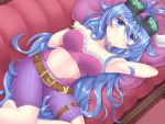  19th_master 1girl armpits belt blue_eyes blue_hair breasts duel_monster female goggles long_hair looking_at_viewer lying midriff navel on_back shorts slacker_magician solo yu-gi-oh! 