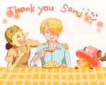  2boys black_hair blonde_hair food hair_over_one_eye hat multiple_boys one_piece overalls reindeer sanji tony_tony_chopper trio usopp 