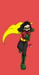  1boy batman_(series) black_hair boots cape cross-laced_footwear crossover damian_wayne dc_comics domino_mask gloves green_shoes lace-up_boots male_focus mask open_mouth poke_ball pokemon robin_(dc) running shoes solo 