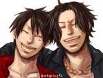  2boys black_hair brothers closed_eyes freckles indigoissy jewelry male_focus monkey_d_luffy multiple_boys necklace one_piece open_clothes open_mouth open_shirt portgas_d_ace scar shirt siblings simple_background smile teeth white_background 