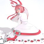  1girl ahoge arc_system_works artist_request belt blue_eyes blush breasts bridal_veil clover crying crying_with_eyes_open dress elphelt_valentine four-leaf_clover from_behind guilty_gear guilty_gear_xrd looking_at_viewer looking_back petals pink_hair ribbon sad shadow short_hair sideboob sitting solo spikes tears veil wavy_mouth wedding_dress white_dress 