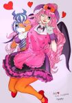  1girl alternate_costume bangs bat_(symbol) dress kumacy one_piece perona pink_hair solo stuffed_toy wink 