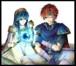  1boy 1girl armor belt blood blue_eyes blue_hair cape fire_emblem fire_emblem:_fuuin_no_tsurugi headband headdress lilina roy_(fire_emblem) staff thigh-highs wince 