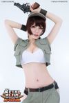  1girl breasts brown_hair cleavage cosplay fio_germi glasses gun metal_slug midriff navel photo shorts snk solo weapon 