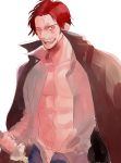  1boy jacket_on_shoulders male_focus one_piece open_clothes open_shirt pirate redhead scar shanks shirt solo sword weapon wink 