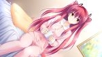  1girl bed blush brown_eyes cup game_cg hair_ribbon kimishima_ao legs long_hair mitsu_king otome_ga_kanaderu_koi_no_aria pajamas picture_(object) pillow redhead ribbon sitting solo thighs twintails zinno 