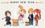  2boys 2girls blue_eyes chibi green_eyes hammer happy_new_year japanese_clothes jaune_arc kimono lie_ren multiple_boys multiple_girls new_year nora_valkyrie pyrrha_nikos rwby smile 