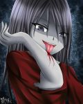 1girl :p artist_request black_hair blood blue_eyes corpse_party dress ghost grey_skin licking long_hair open_mouth red_dress shaded_face shinozaki_sachiko smile solo tongue tongue_out torn_clothes 