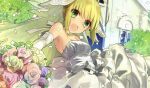  1girl ahoge blonde_hair blush breasts choker cleavage dress fate/extra fate/extra_ccc fate/stay_night fate_(series) flower gloves green_eyes happy saber_extra short_hair wada_aruko wedding wedding_dress 