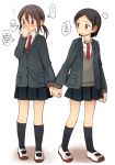  2girls black_hair blazer blush brown_eyes brown_hair hachiko_(hati12) hand_holding hard_translated kneehighs multiple_girls necktie original ponytail school_uniform shoes short_hair skirt standing sweater_vest translated uwabaki yuri 