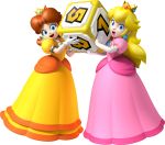 2girls blue_eyes brown_hair crown dress earrings gloves highres jewelry long_dress looking_at_viewer mario_party multiple_girls official_art princess_daisy princess_peach super_mario_bros. super_mario_land