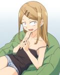 1girl :d bean_bag_chair blonde_hair breasts camisole collarbone commentary constricted_pupils dagashi_kashi ear_piercing endou_saya eyebrows_visible_through_hair fang hair_ornament hairclip highres interlocked_fingers long_hair looking_at_viewer open_mouth piercing sanpaku sat-c short_shorts shorts simple_background small_breasts smile solo strap_slip 