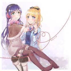  2girls ayase_eli black_legwear blonde_hair blue_skirt blush boots closed_eyes earmuffs long_hair love_live!_school_idol_project multiple_girls plaid plaid_skirt purple_hair santa_boots sitting skirt smile snow thigh-highs toujou_nozomi yuri 