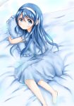  barefoot blue_eyes blue_hair dress futaba_aoi_(vividred_operation) hairband highres itak long_hair pillow pillow_hug sleepwear vividred_operation 