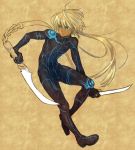  1boy blonde_hair blue_eyes character_request child copyright_request long_hair male_focus md5_mismatch piyo ponytail solo spandex tagme weapon 
