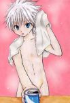  1boy artist_request child hunter_x_hunter killua_zoldyck male_focus navel nude perspective simple_background solo standing towel 