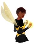  1girl bee_costume bodysuit brown_eyes brown_hair bumble_bee dark_skin dc_comics glowing insect_wings karen_beecher lipstick makeup neon_trim over_shoulder parted_lips short_hair simple_background solo superhero white_background wings young_justice:_invasion 