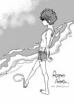  1girl aldnoah.zero arms_behind_back artist_name barefoot beach character_name countdown dated full_body monochrome number profile rayet_areash shimura_takako short_hair short_shorts shorts solo tank_top very_short_hair 