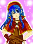  1girl blue_eyes blue_hair bracelet choker fire_emblem fire_emblem:_fuuin_no_tsurugi headdress jewelry lilina smile wink 
