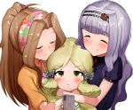  3girls :t blush boruhis cellphone closed_eyes eyebrows_visible_through_hair hair_ornament handa_roko highres holding holding_phone hug idolmaster idolmaster_million_live! idolmaster_million_live!_theater_days long_hair multiple_girls nikaidou_chizuru phone ponytail selfie shijou_takane sidelocks simple_background smile upper_body v-shaped_eyebrows white_background 