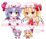  2girls :d ascot bat_wings blonde_hair blue_hair blush bow chibi copyright_name crystal female flandre_scarlet frilled_shirt_collar frills full_body hat hat_bow heart looking_at_viewer mayo_(miyusa) mob_cap multiple_girls multiple_views open_mouth petticoat pink_eyes pink_shirt pink_skirt puffy_short_sleeves puffy_sleeves red_bow red_skirt red_vest remilia_scarlet sash shirt short_sleeves siblings side_ponytail sisters skirt skirt_set smile standing stuffed_animal stuffed_toy teddy_bear touhou vest white_background wings wrist_cuffs 