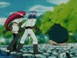  1boy 1girl 90s animated animated_gif kojirou_(pokemon) lowres meowth musashi_(pokemon) outdoors pokemon pokemon_(anime) shiny shiny_hair snorlax team_rocket 