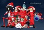  2girls 6+boys alternate_costume black_hair blonde_hair blue_hair brook christmas cyborg franky green_hair hat highres monkey_d_luffy multiple_boys multiple_girls nami_(one_piece) nico_robin one_piece orange_hair pantyhose roronoa_zoro sanji santa_costume santa_hat sitting skeleton tony_tony_chopper usopp 